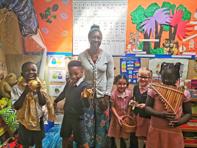 Wendy Shearer storytelling with children at James Hatcham Primary School