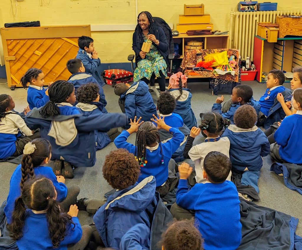 Wendy Shearer storytelling with Primary Pupils