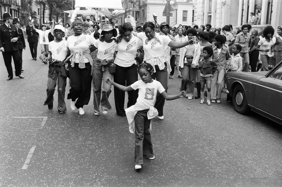 A young girl dancing in the 1976 Nottinghill Carnival