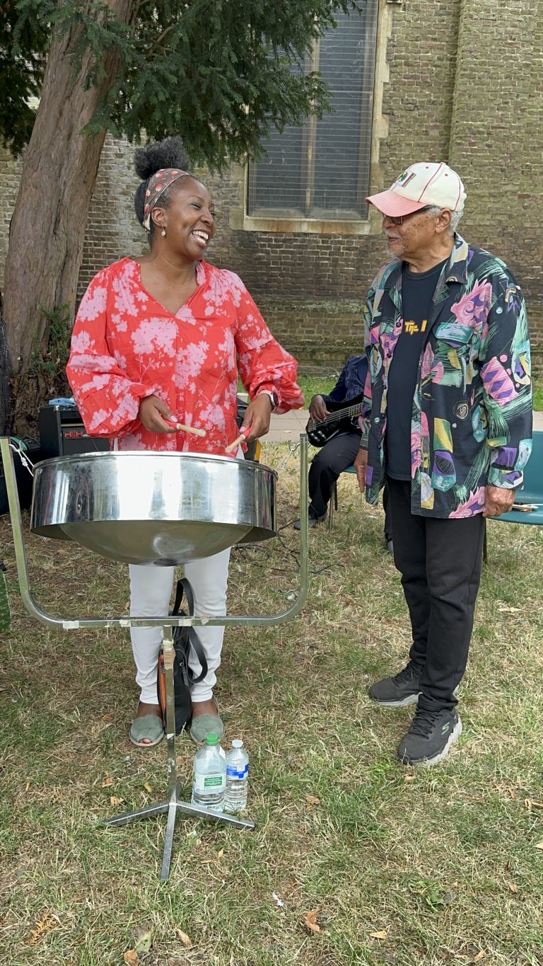 Wendy Shearer with Steel pan player