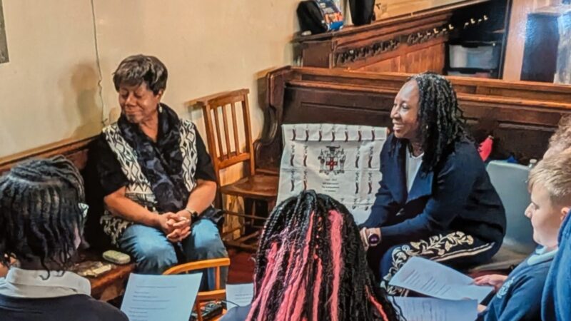 Wendy Shearer and Laytymer School pupiles interviewing