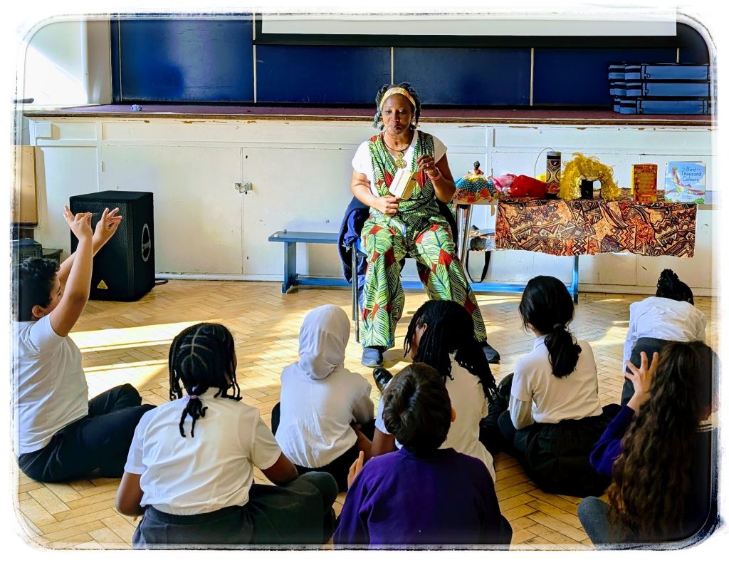 Wendy Shearer performing stories with Year 6 pupils