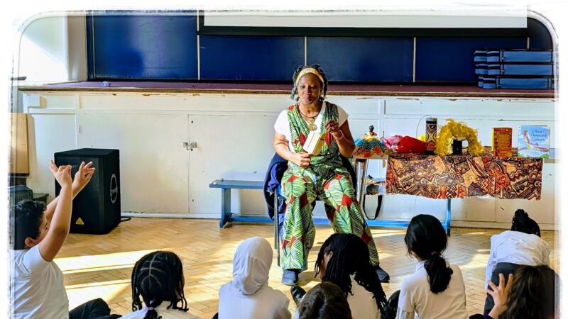 Wendy Shearer performing stories with Year 6 pupils